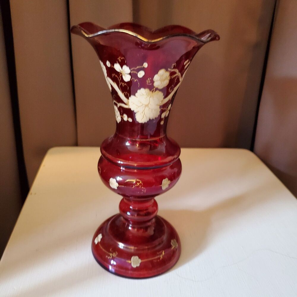 Antique 19th Cent Cranberry Red Handblown Glass Vase, Bohemian Grapevine